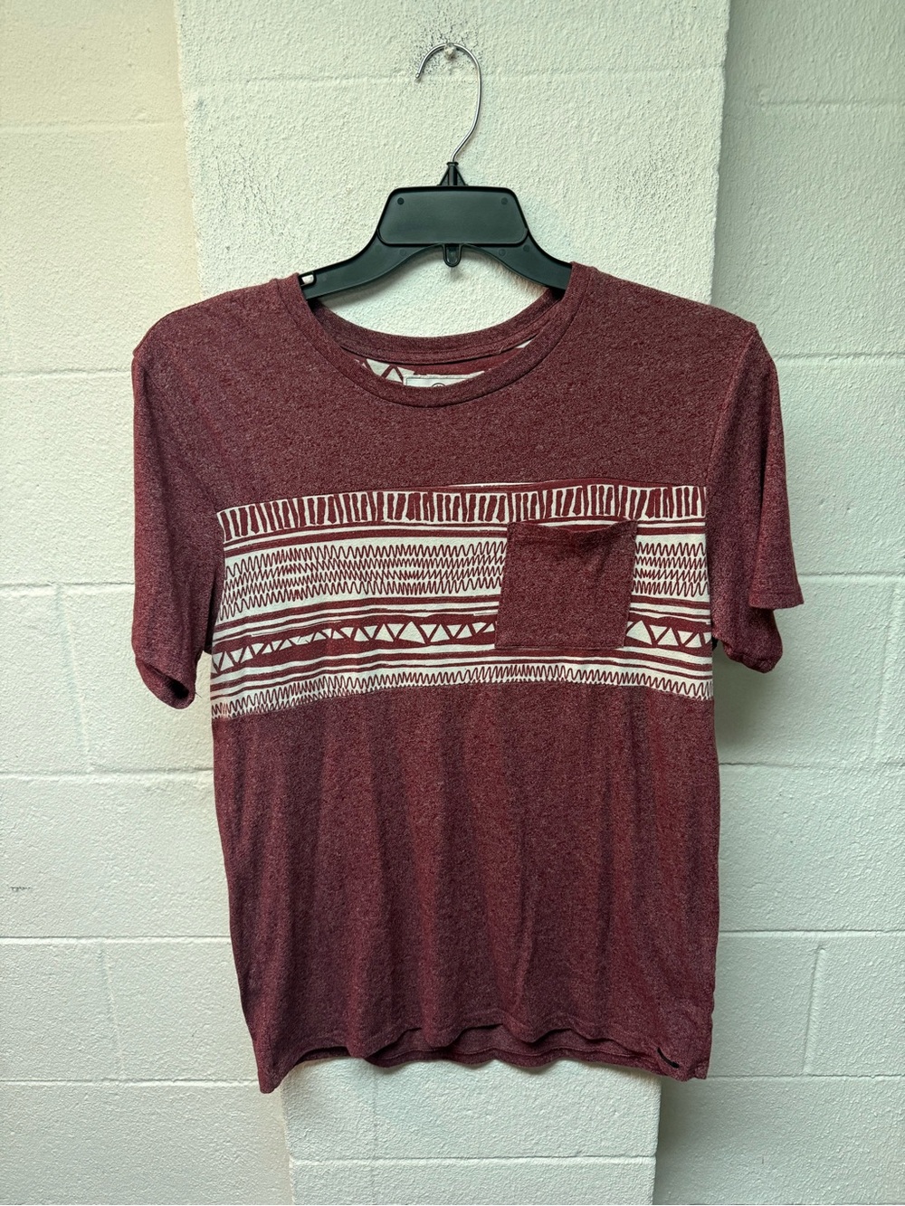 on the byas Maroon Short Sleeve Pocket Tee with Cream Geometric Stripe